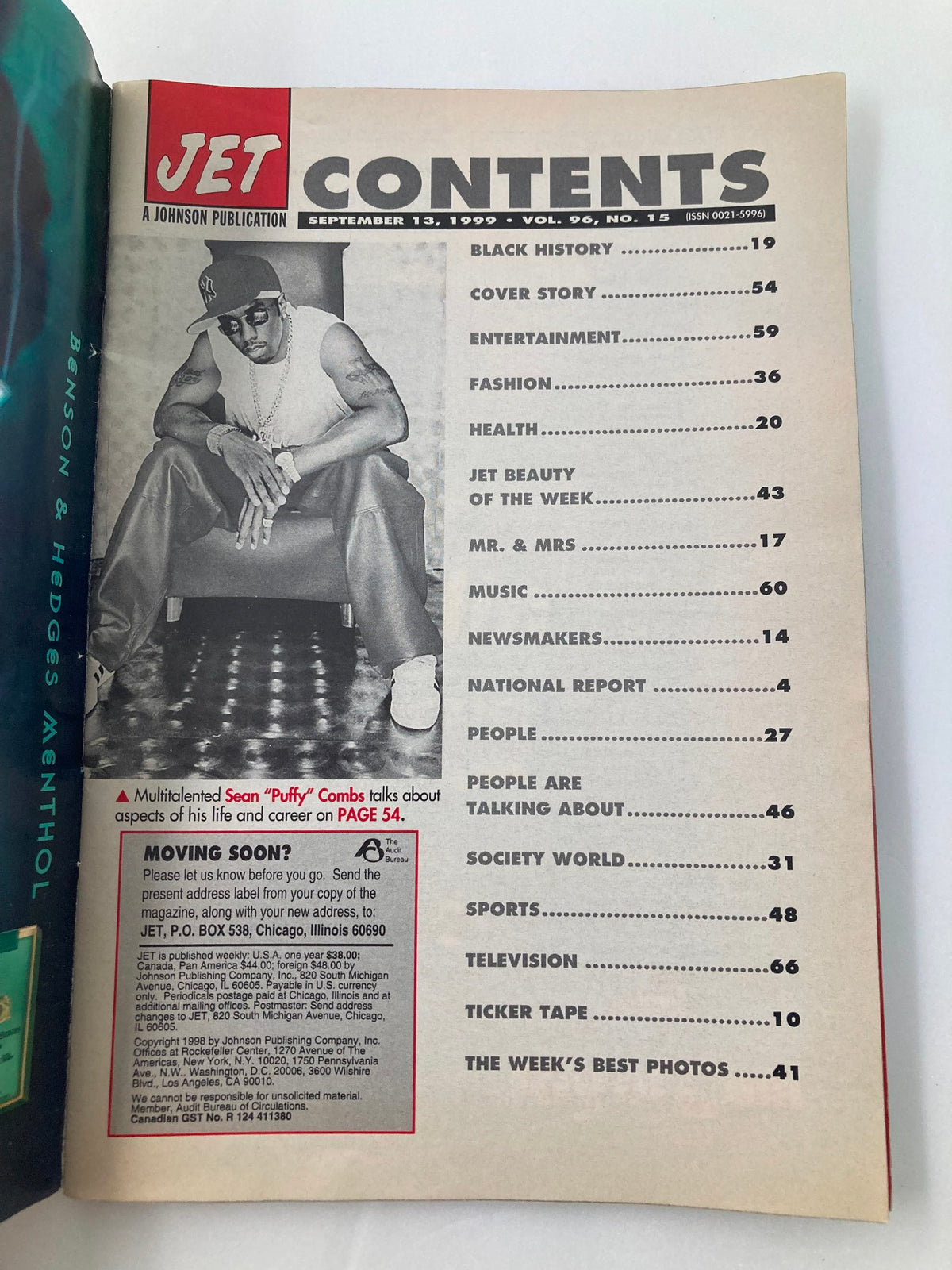 Contents page of Jet Magazine, September 13, 1999, Vol 96 #15, highlighting an interview with Sean 'Puffy' Combs and various sections of the magazine.
