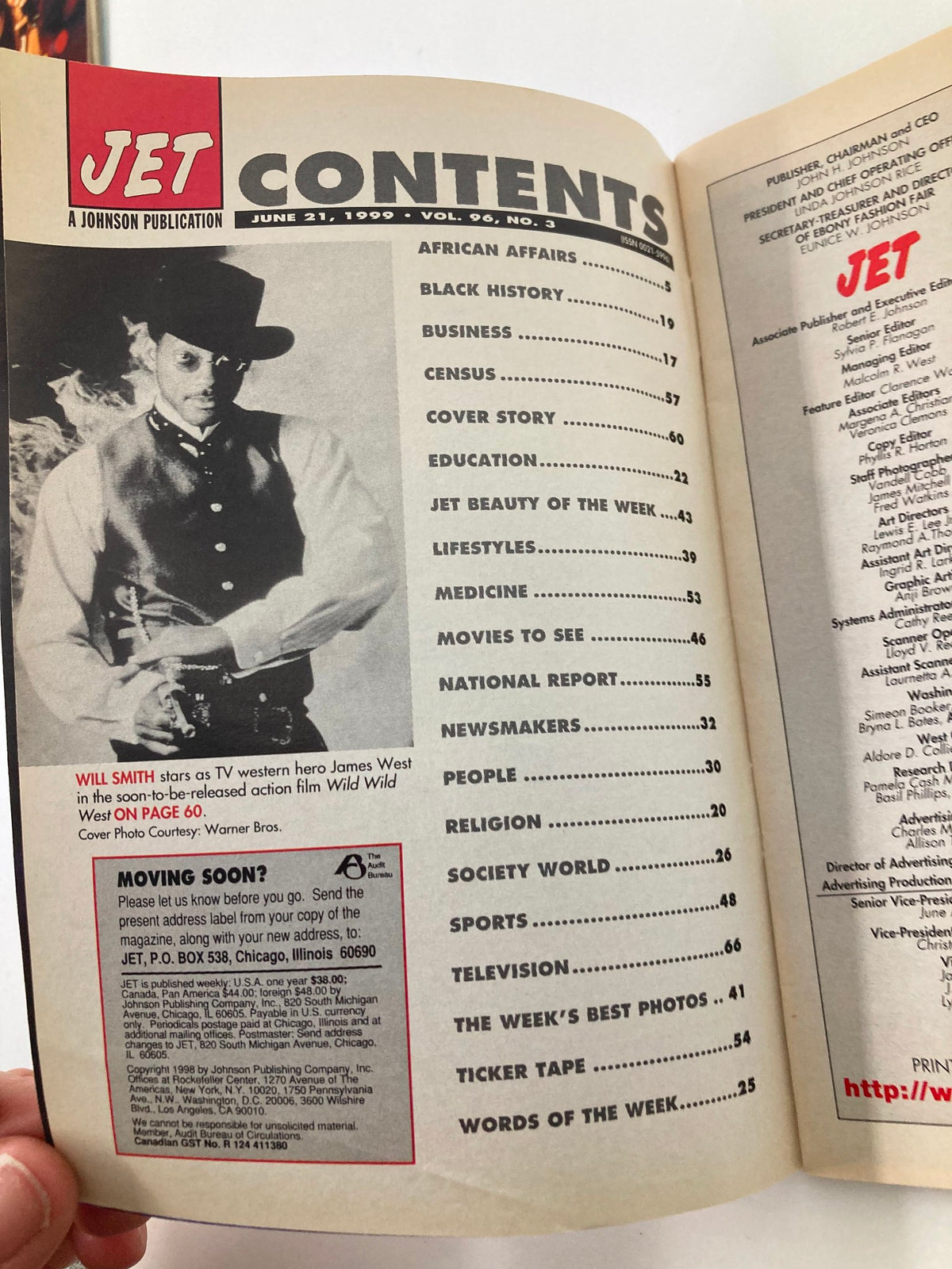 Table of contents page from Jet Magazine June 21, 1999, Vol 96 #3, listing articles including features on Will Smith and the 'Wild Wild West' film.