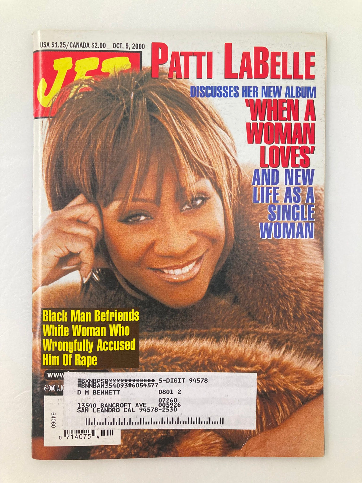 Jet Magazine October 9 2000, Vol 98 #18 featuring Patti LaBelle on the cover discussing her new album 'When a Woman Loves' and her life as a single woman, showcasing vibrant imagery.
