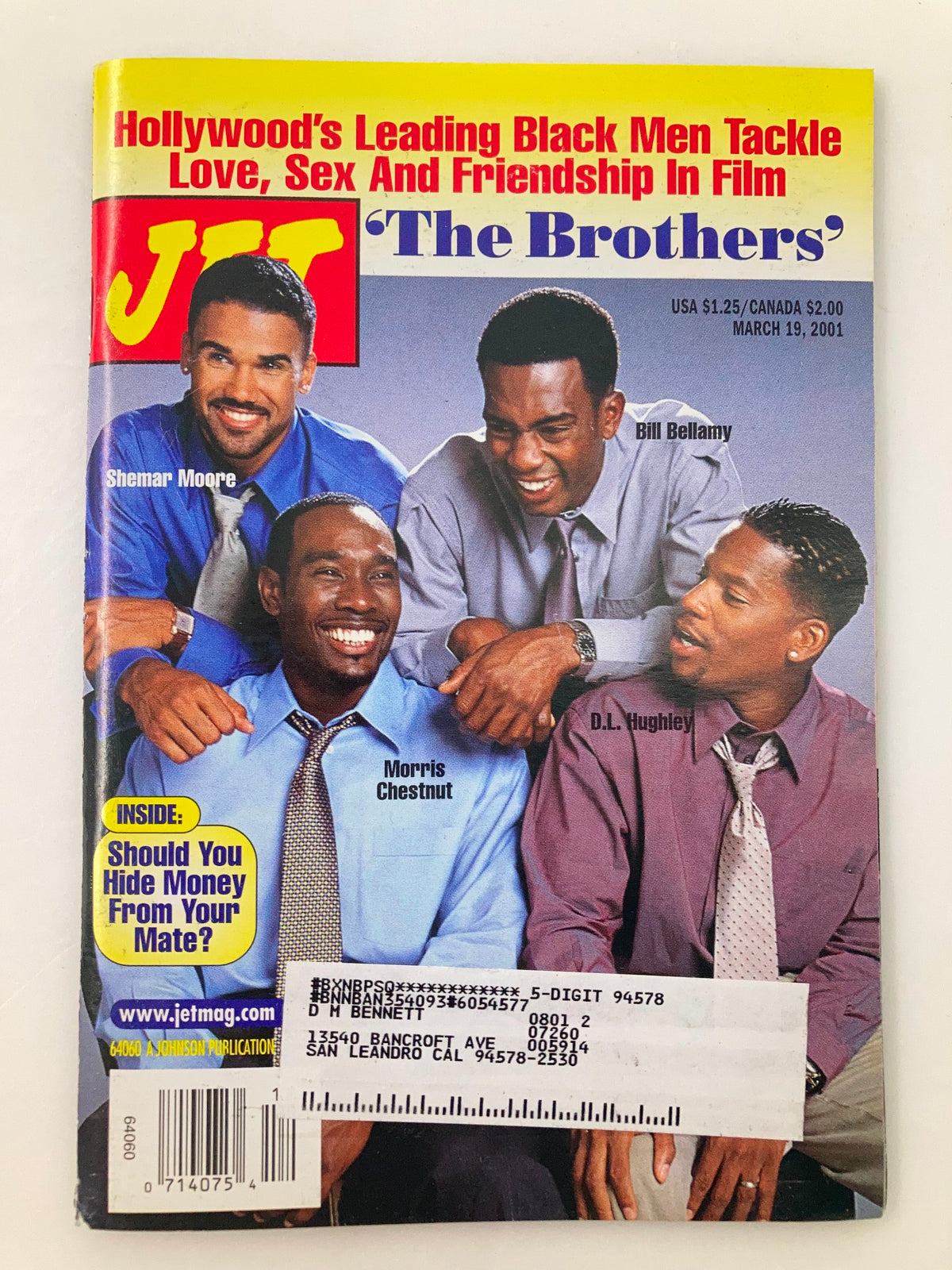 Cover of Jet Magazine March 19, 2001, Vol 99 #14 featuring Shemar Moore, Bill Bellamy, D.J. Hughley, and Morris Chestnut. The magazine explores topics of love, sex, and friendship in film.