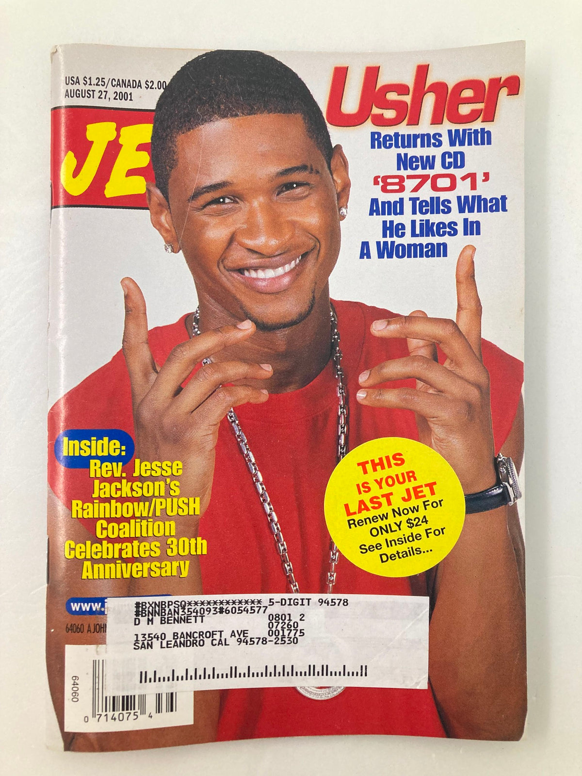 Cover of Jet Magazine, August 27, 2001, Vol 100 #11 featuring Usher, who discusses his new album '8701' and what he likes in a woman. The issue also highlights Rev. Jesse Jackson's Rainbow/PUSH Coalition 30th Anniversary.