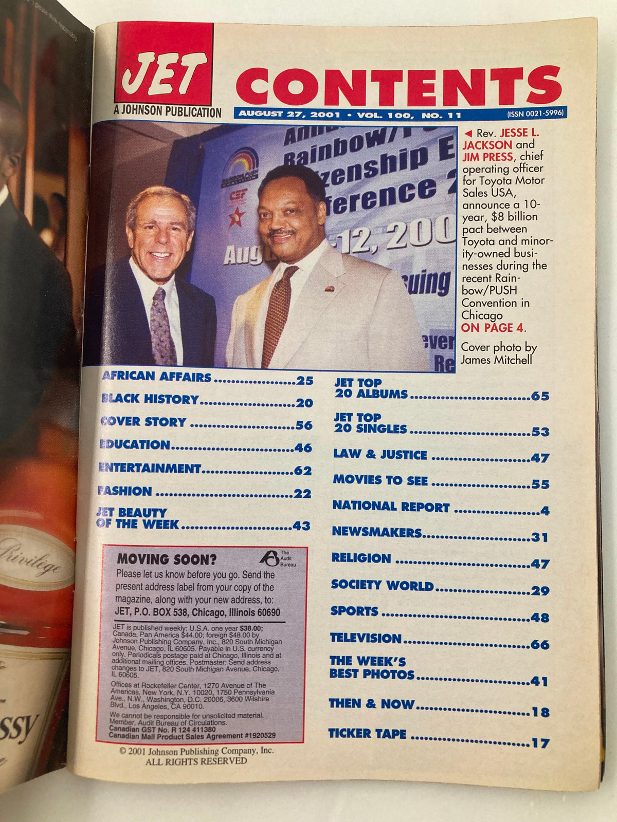Jet Magazine August 27 2001 Vol 100 #11 featuring contents page highlighting articles including Usher, Jesse L. Jackson, and Jim Press.