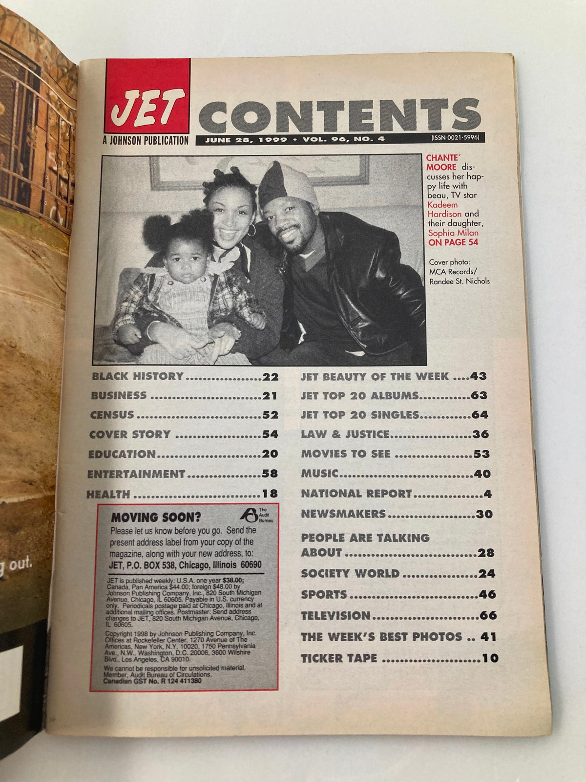 Contents page of Jet Magazine June 28 1999 Vol 96 #4, highlighting articles including Chante Moore and Kadeem Hardison's family life, along with the magazine's featured topics.