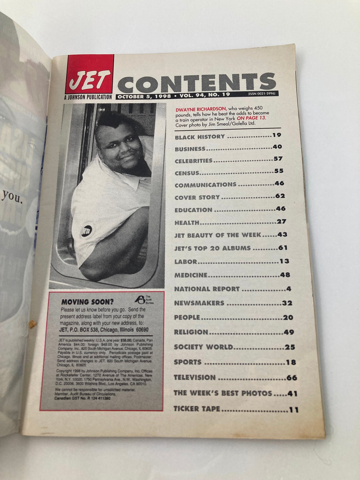 Inside contents page of Jet Magazine, October 5, 1998, Volume 94, Issue 19 showcasing Dwayne Richardson's story and magazine features.