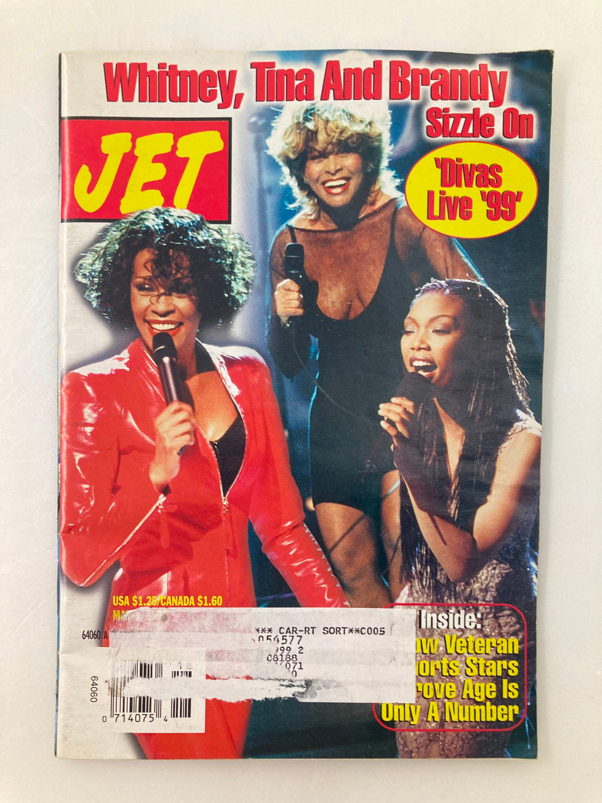 Cover of Jet Magazine, May 3, 1999, featuring Whitney Houston, Tina Turner, Brandy, and Chaka Khan. Headline mentions ‘Divas Live ’99.’ Good condition with protective covering.