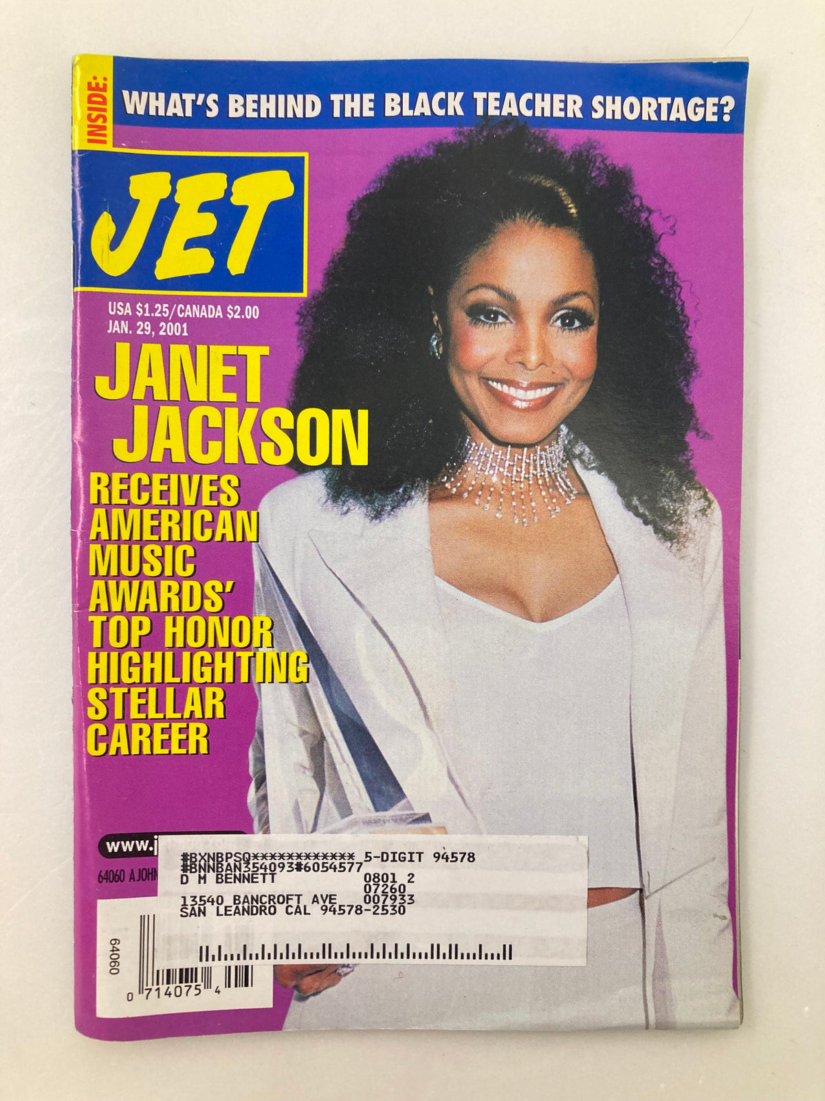 Jet Magazine January 29 2001 Vol 99 #7 featuring Janet Jackson on the cover, showcasing her receiving American Music Awards' top honor and highlighting her stellar career.