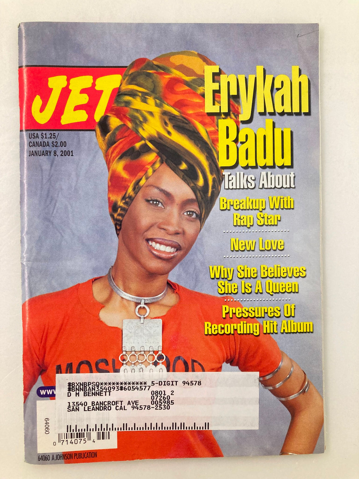 Cover of Jet Magazine January 8 2001 Vol 99 #4 featuring Erykah Badu, highlighting her story on breakup with rap star and new love.