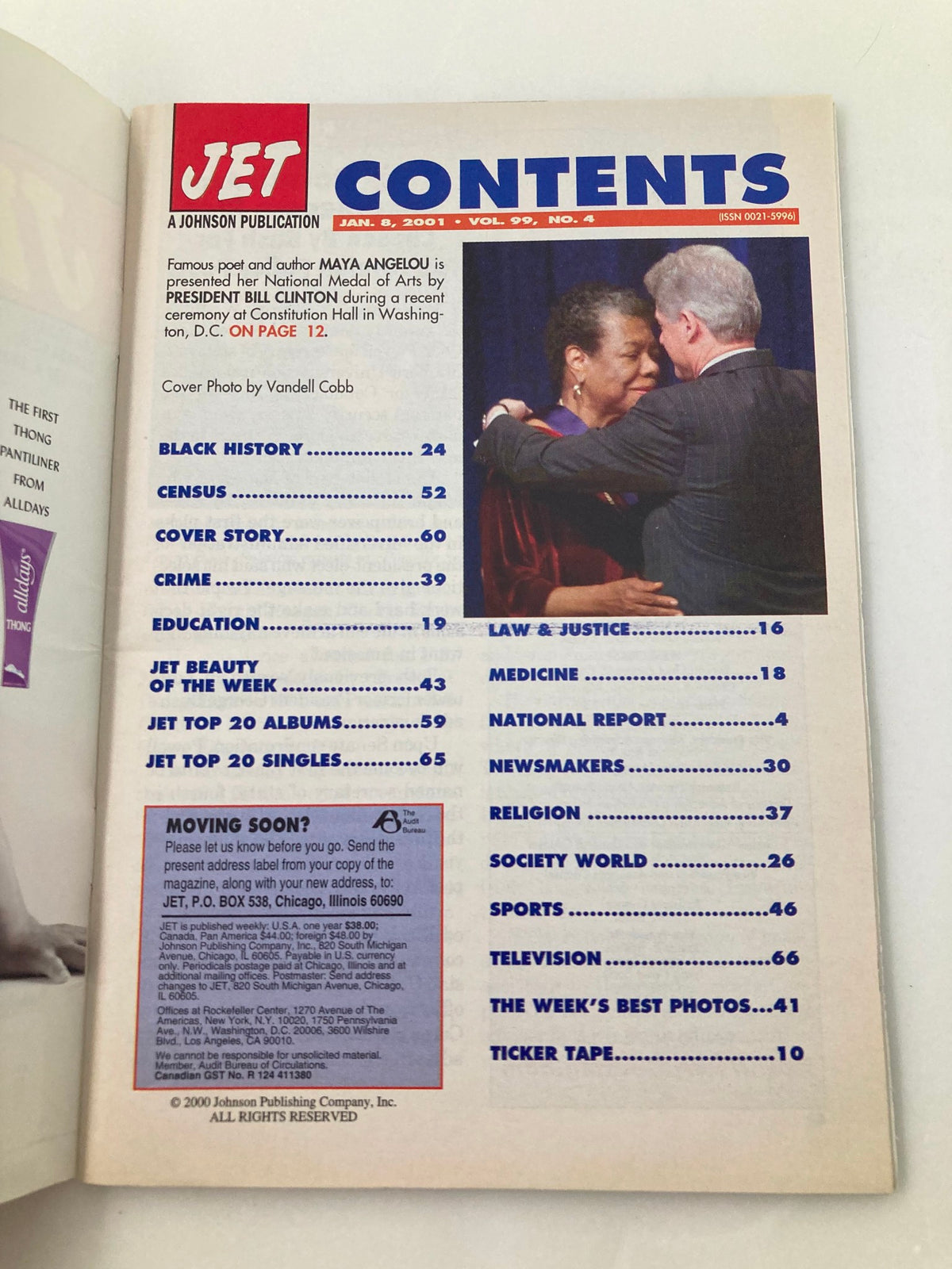 Contents page of Jet Magazine January 8 2001 Vol 99 #4, includes features on Maya Angelou and Bill Clinton.