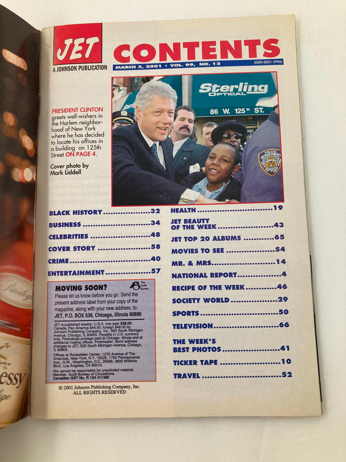 Contents page of Jet Magazine published on March 5, 2001, Volume 99, No. 12, listing articles including health, entertainment, and features about President Bill Clinton.