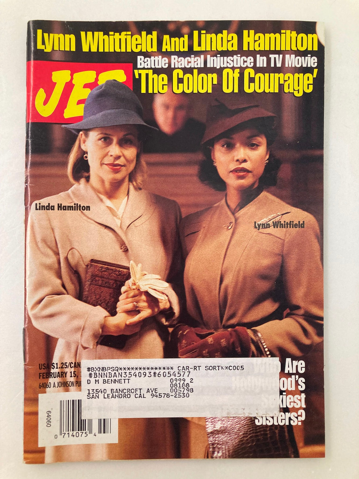 Jet Magazine cover from February 15, 1999 featuring Linda Hamilton and Lynn Whitfield, highlighting their roles in the TV movie 'The Color of Courage' with a focus on racial injustice.