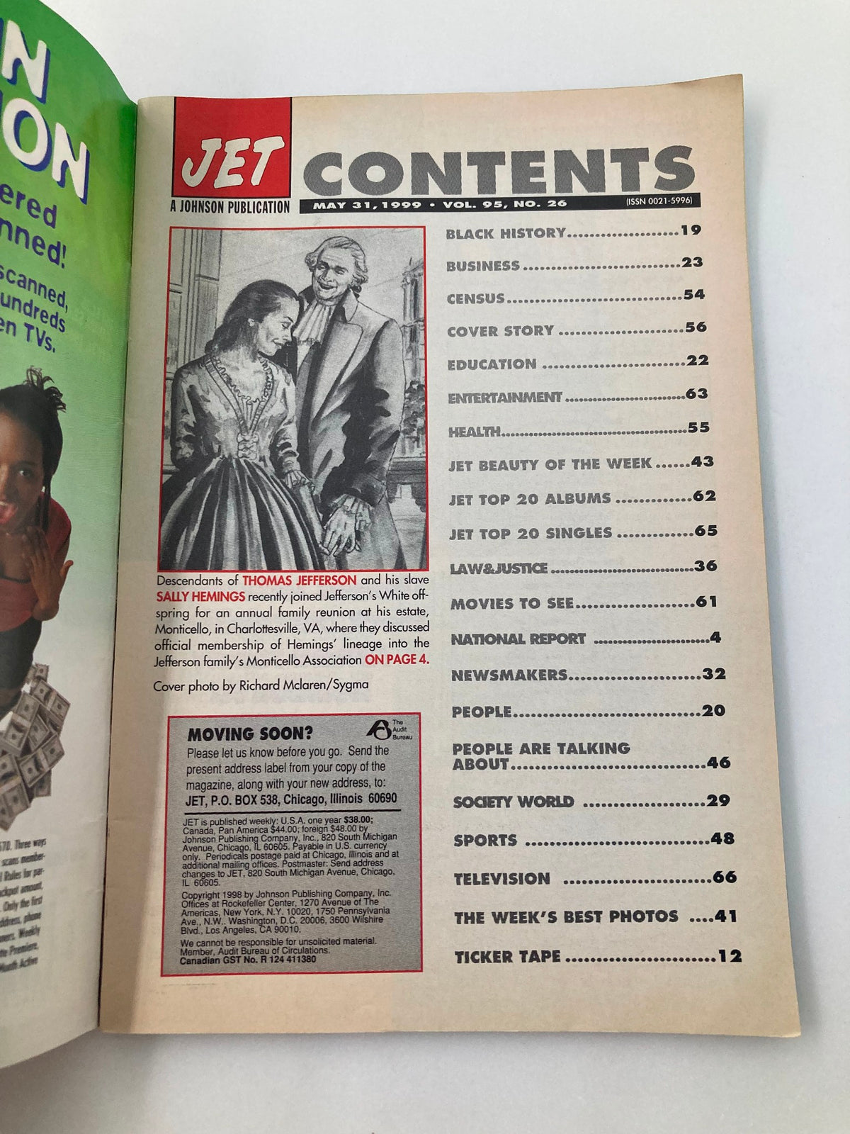 Table of contents from Jet Magazine May 31 1999, Vol 95 #26, featuring articles on Mariah Carey, Thomas Jefferson, and Sally Hemings.
