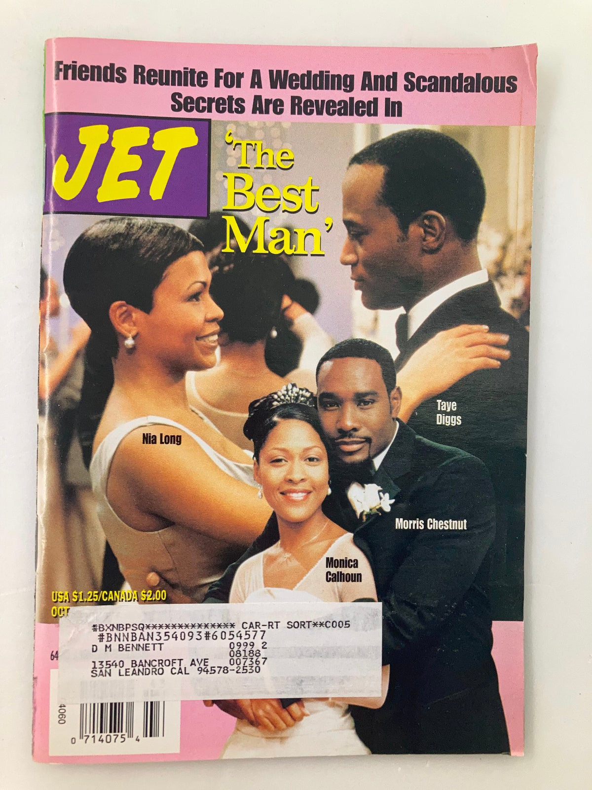 Cover of Jet Magazine, October 25, 1999, Vol 97 #21. Features actors Nia Long, Taye Diggs, and Monica Calhoun in a wedding scene related to 'The Best Man'. Includes a label and minor wear details.