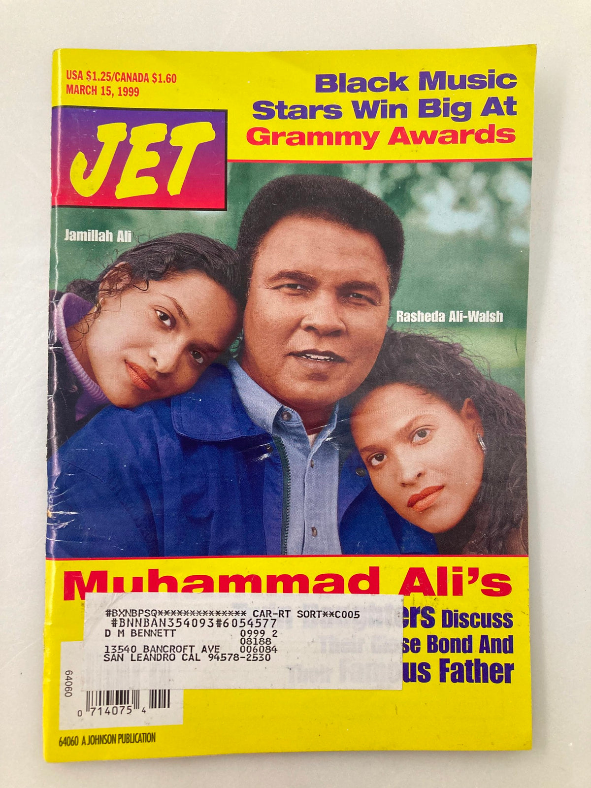Jet Magazine March 15 1999 Vol 95 #15 featuring Muhammad Ali with his daughters Jamillah Ali and Rasheda Ali-Walsh, highlighting Black music stars who won big at the Grammy Awards.