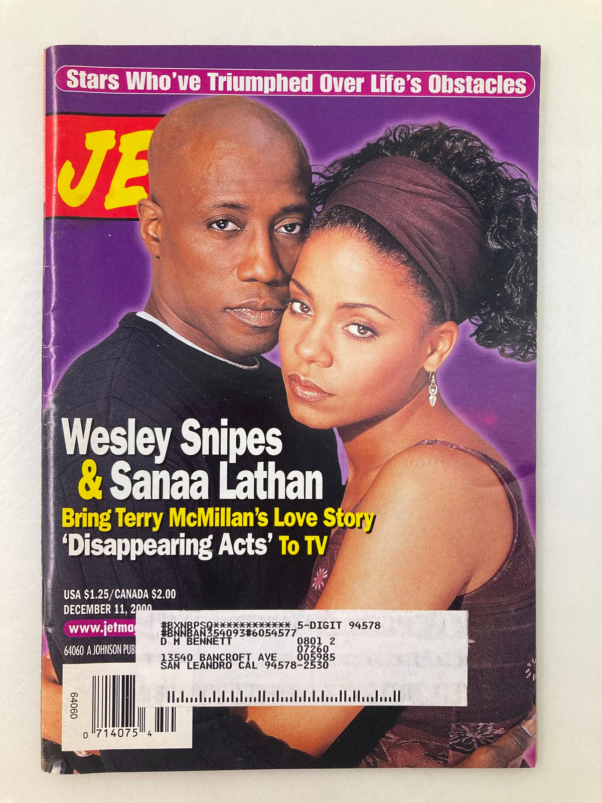 Cover of Jet Magazine, December 11, 2000, Vol 99 #1 featuring Wesley Snipes and Sanaa Lathan. The cover highlights their roles in Terry McMillan’s ‘Disappearing Acts’ on TV.