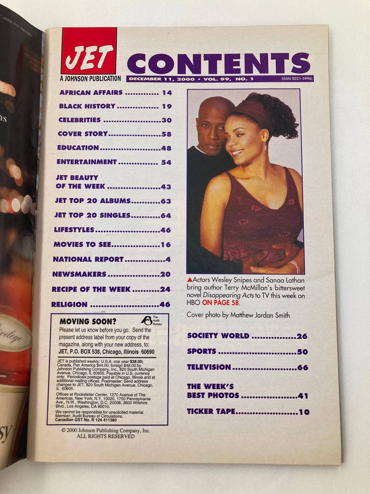 Cover page of Jet Magazine December 11, 2000, Volume 99, Issue 1 featuring Wesley Snipes and Sanaa Lathan with contents layout highlighted.