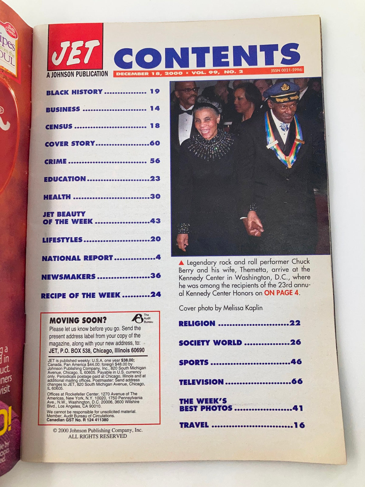 Jet Magazine December 18 2000 Volume 99 Issue 2, featuring the contents page with a notable photo of Chuck Berry and his wife Themetta at a public event, including sections on History, Crime, Fashion, and Religion.