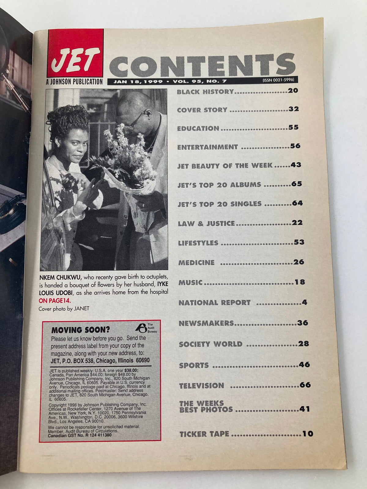 Contents page of Jet Magazine from January 18, 1999, Volume 95, No. 7. It lists features including education, entertainment, and black history with a focus on current events and culture.
