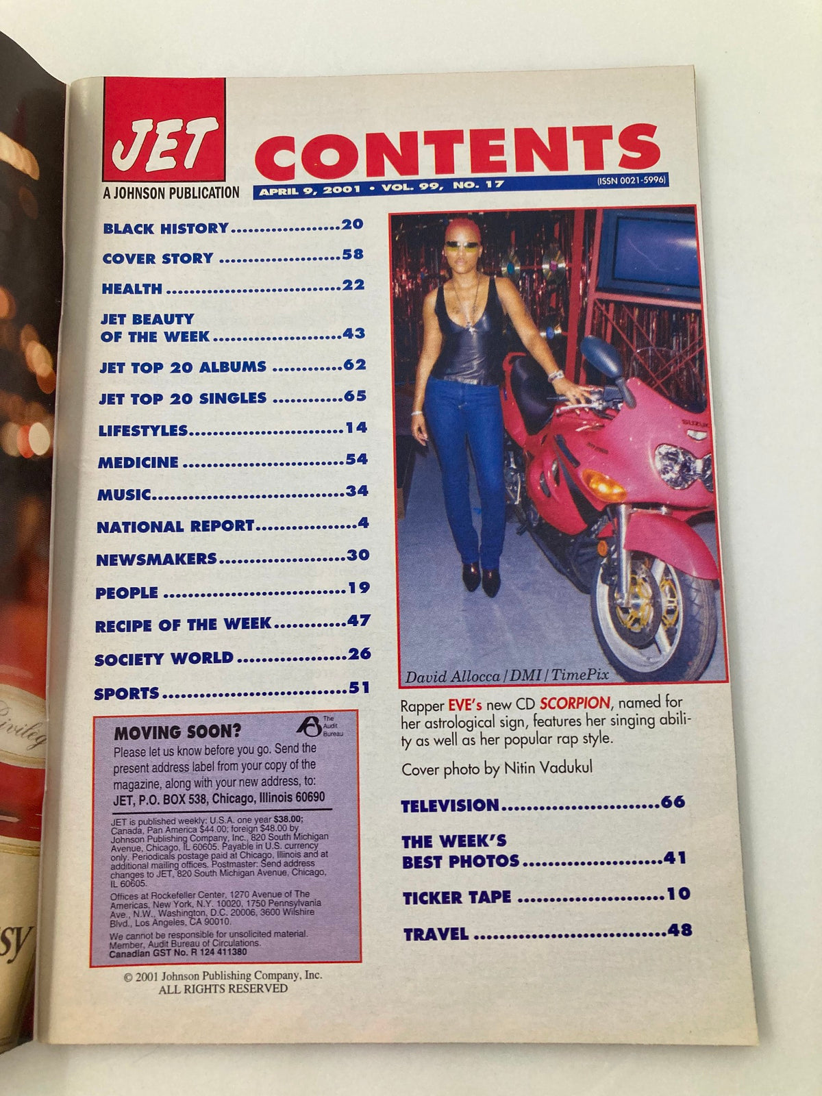 Contents page of Jet Magazine April 9 2001, Vol 99 #17 with a feature on rapper Eve and her album 'Scorpion', highlighting sections on television, beauty, and music.