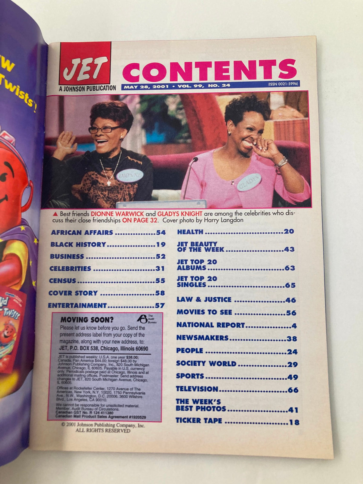 Jet Magazine May 28 2001 Vol 99 #24 contents page highlighting Dionne Warwick and Gladys Knight, along with various sections like African Affairs, Business, and Culture.