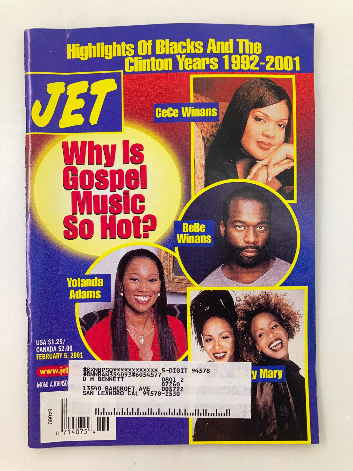 Cover of Jet Magazine February 5, 2001, Volume 99, Number 8 featuring CeCe Winans, BeBe Winans, and Yolanda Adams with the headline 'Why Is Gospel Music So Hot?'. The magazine highlights noteworthy Black figures and events from 1992 to 2001.