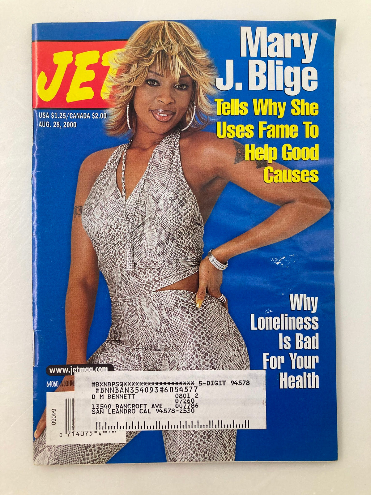 Jet Magazine cover from August 28, 2000, featuring Mary J. Blige discussing her use of fame for good causes.