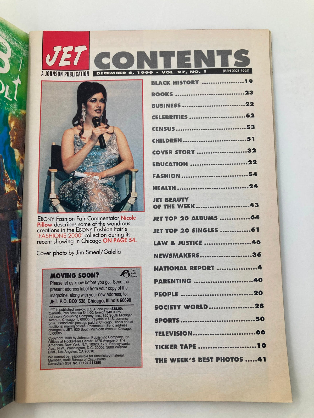 Contents page of Jet Magazine December 6, 1999, Vol 91 #1. Features a list of articles including topics on celebrities, health, fashion, and parenting.