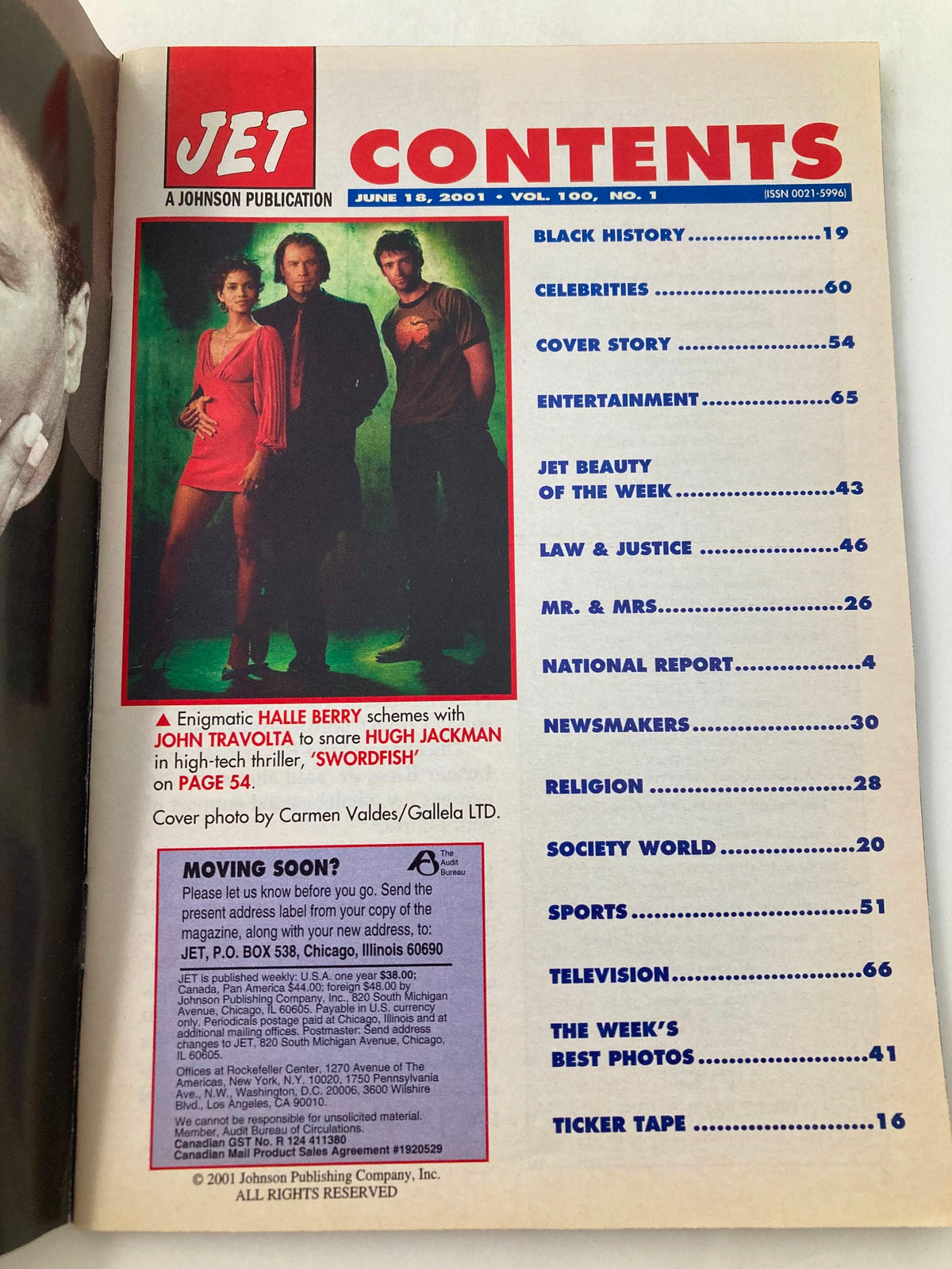 Contents page of Jet Magazine, June 18, 2001, Vol 100, No 1, highlighting features including Halle Berry, John Travolta, and Hugh Jackman.