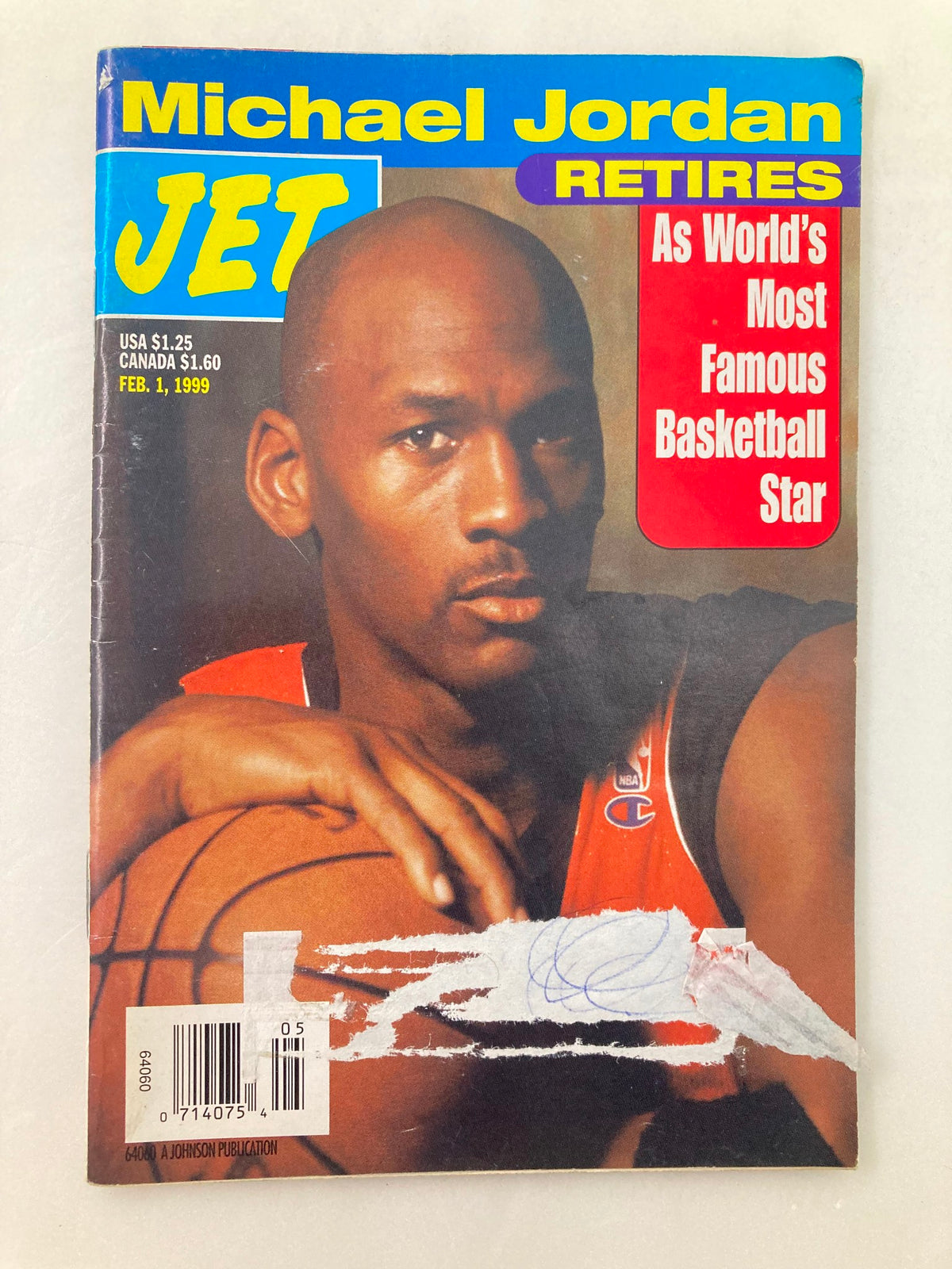 Cover of Jet Magazine February 1 1999 Vol 95 #9 featuring Michael Jordan Retires as World's Most Famous Basketball Star with a close-up image of MJ holding a basketball.
