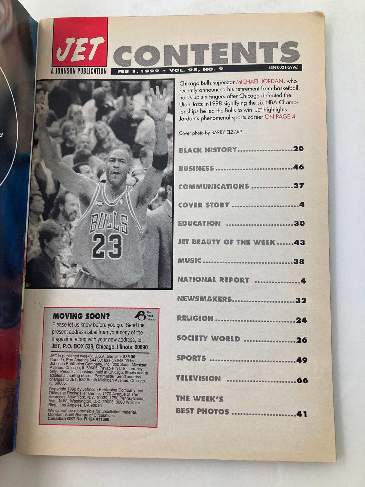 Contents page of Jet Magazine February 1 1999 Vol 95 #9 highlighting the retirement of Michael Jordan with a photo of MJ celebrating his six NBA championships.