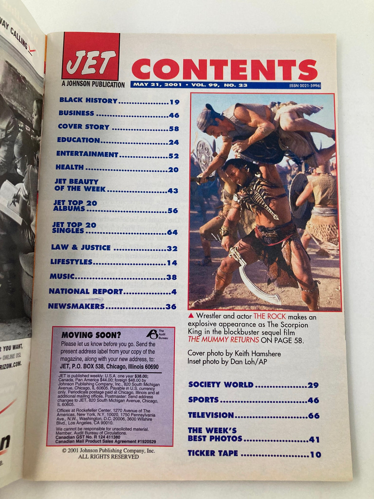 Table of contents page from Jet Magazine May 21, 2001, Vol 99 #23, showcasing features including an article on Dwayne 'The Rock' Johnson.