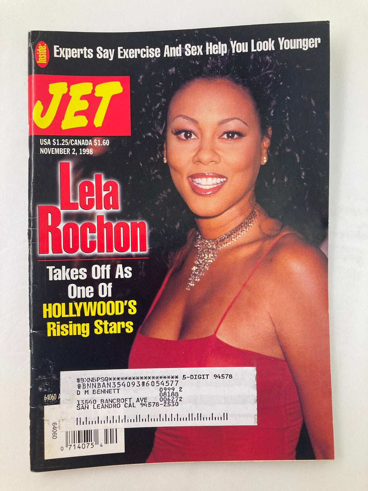 Cover of Jet Magazine from November 2, 1998, Vol 94 #23 featuring Lela Rochon as one of Hollywood's rising stars, showcasing her glamorous style in a red dress.