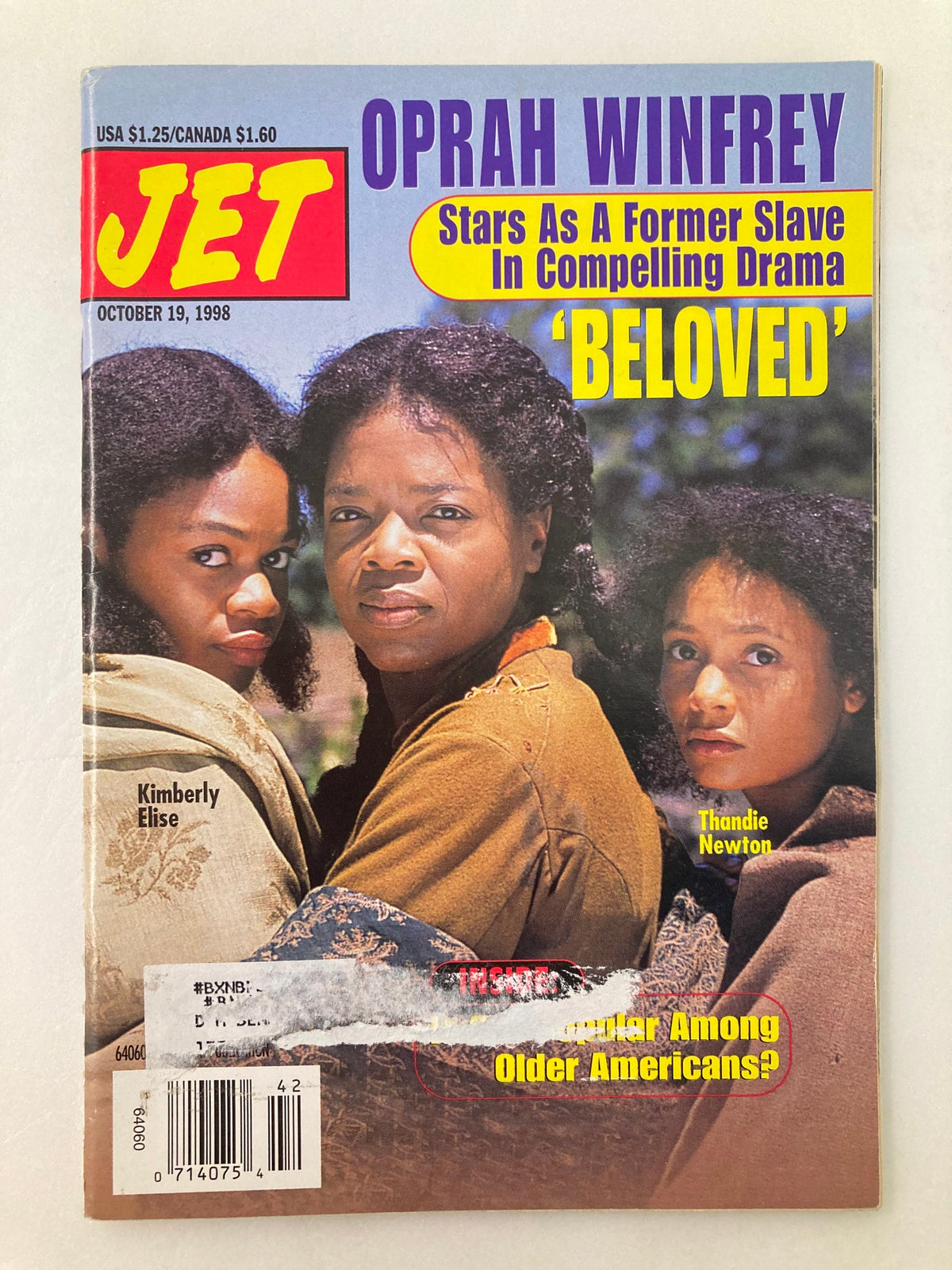 Cover of Jet Magazine October 19, 1998 Vol 94 #12 featuring Kimberly Elise, Oprah Winfrey, and Thandie Newton portraying themes from the film 'Beloved'. Highlights include the title and featured stars.