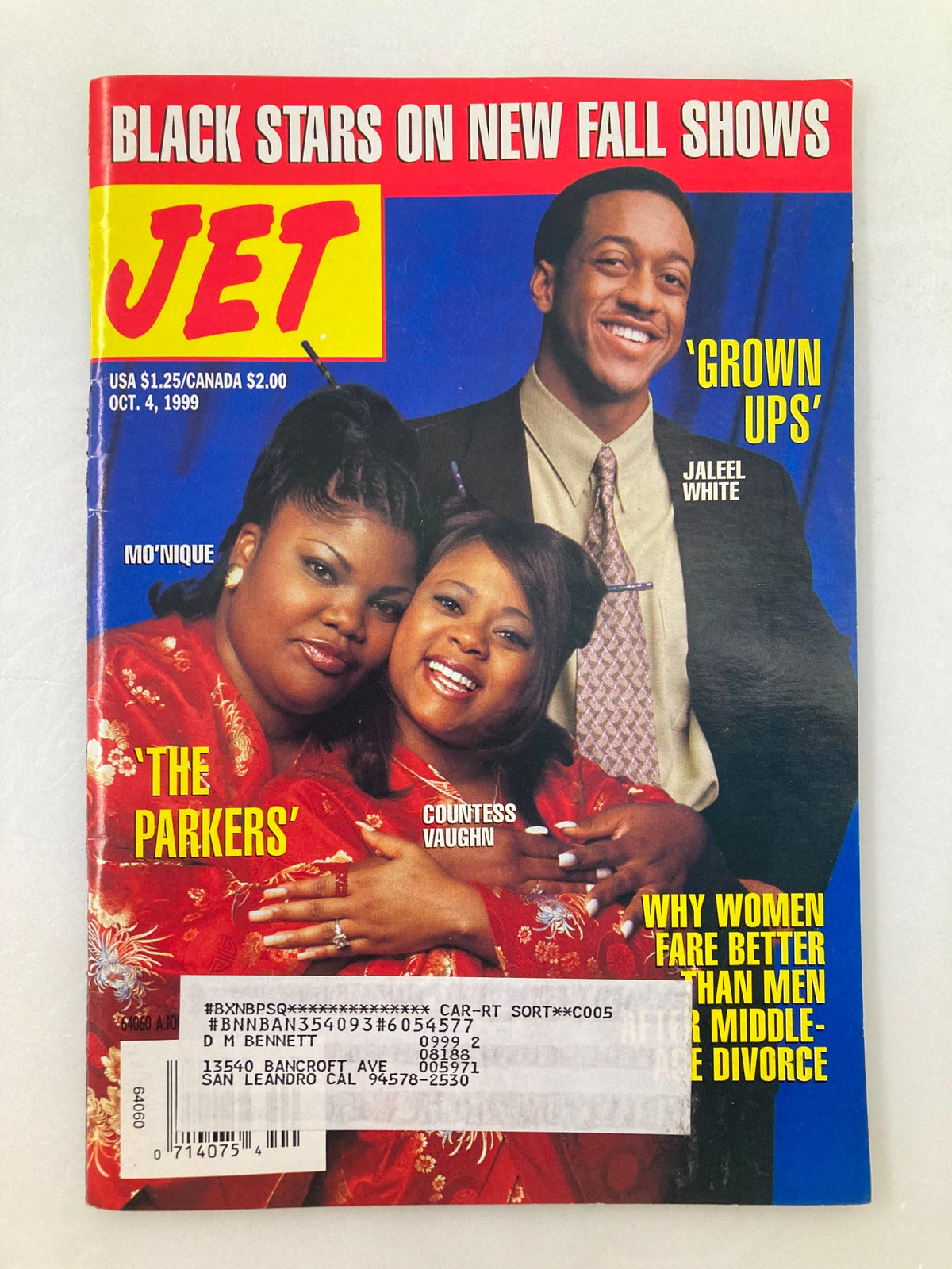 Cover of Jet Magazine October 4 1999 Vol 96 #18 featuring Mo'Nique, Jaleel White, and Countess Vaughn promoting fall shows.