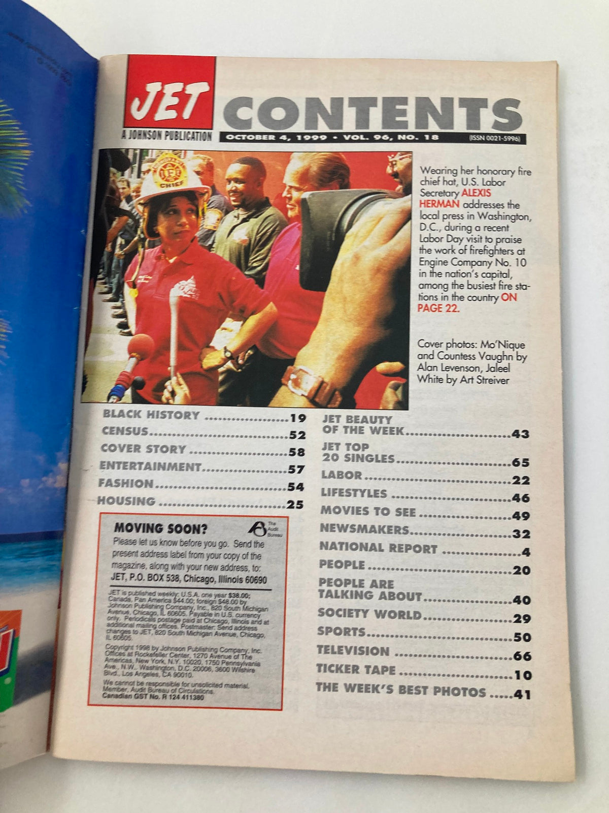 Contents page of Jet Magazine October 4 1999 Vol 96 #18 highlighting articles including Labor Day coverage by Alexis Herman.