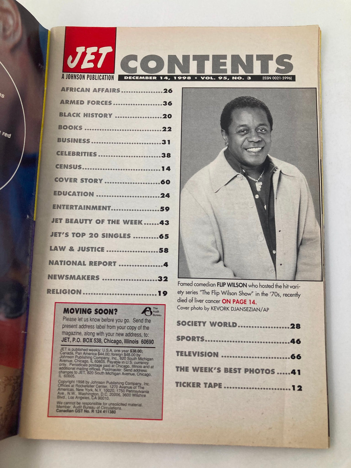 Contents page of Jet Magazine dated December 14, 1998, Volume 95, Number 3 featuring a list of articles and topics including African Affairs, Business, Celebrities, and Television. The page also includes a photo of comedian Flip Wilson.