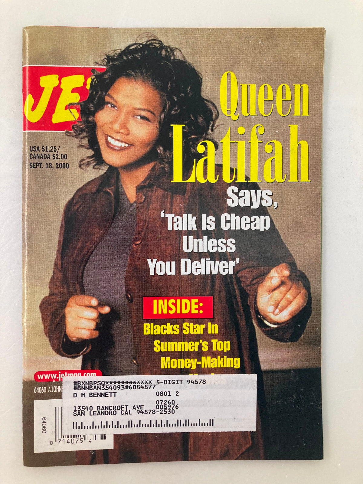 Jet Magazine cover from September 18, 2000, featuring Queen Latifah with the title 'Queen Latifah Says, Talk Is Cheap Unless You Deliver'.