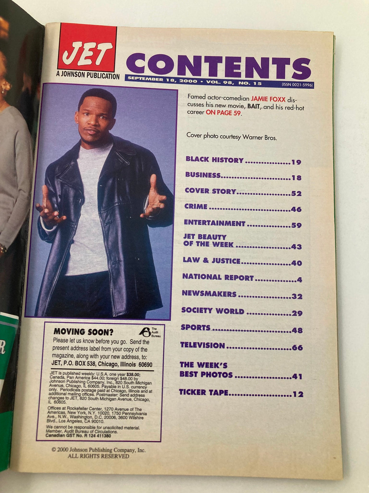 Contents page of Jet Magazine September 18, 2000, featuring Jamie Foxx and listing articles on black history, entertainment, and television.