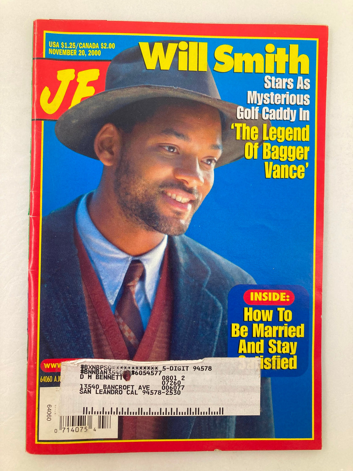 Jet Magazine November 20 2000 featuring Will Smith on the cover, promoting 'The Legend of Bagger Vance', magazine details visible at the bottom.