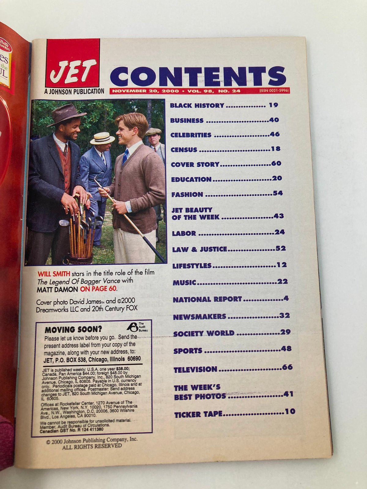 Contents page of Jet Magazine, November 20, 2000, listing articles including features on Will Smith and various sections like Black History, Celebrities, and Fashion.