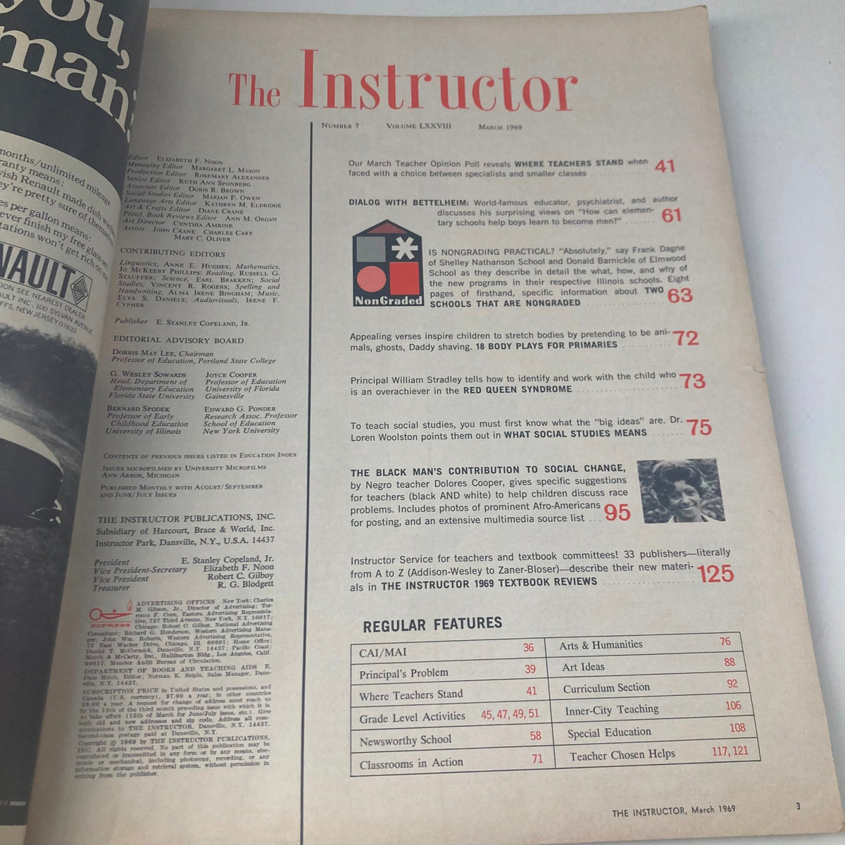 Inside page of VTG The Instructor Magazine, March 1969, showcasing the table of contents and editorial section, reflecting educational themes from that era.