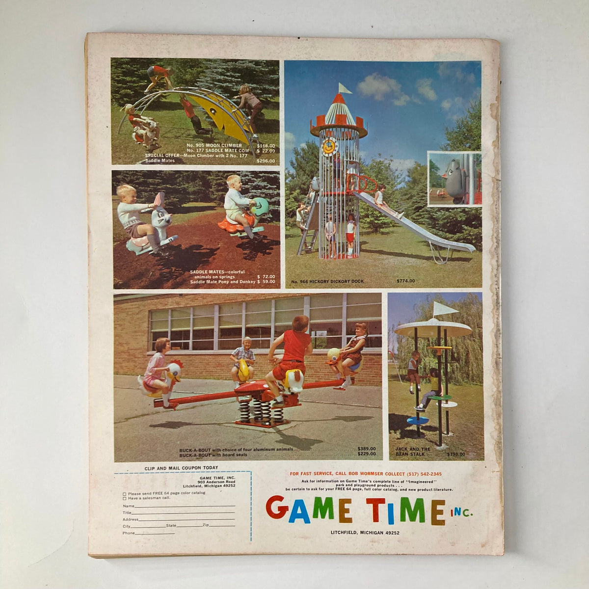 Back cover of VTG The Instructor Magazine, March 1969, displaying advertisements for children's playground equipment, highlighting trends in education and recreation.