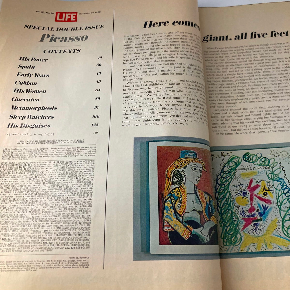 Inside pages of VTG Life Magazine December 27 1968 showcasing the table of contents with sections dedicated to Pablo Picasso's life and artistic journey.