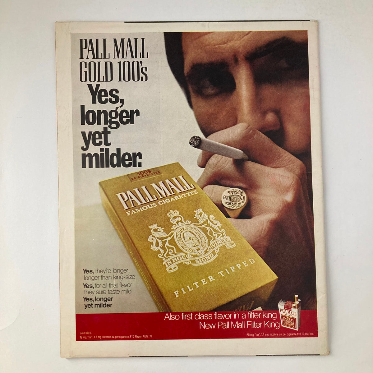Advertisement from VTG Life Magazine February 25, 1972 showcasing Pall Mall Gold 100's cigarettes with the tagline 'Yes, longer yet milder'.