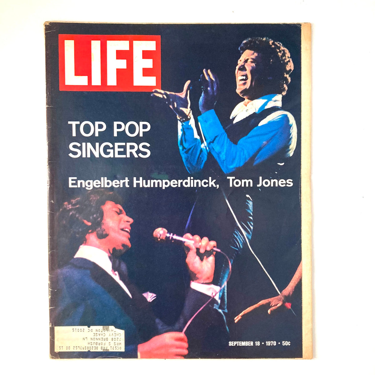 Cover of VTG Life Magazine September 18, 1970 featuring Top Pop Singers Engelbert Humperdinck and Tom Jones, showcasing vibrant performance imagery.