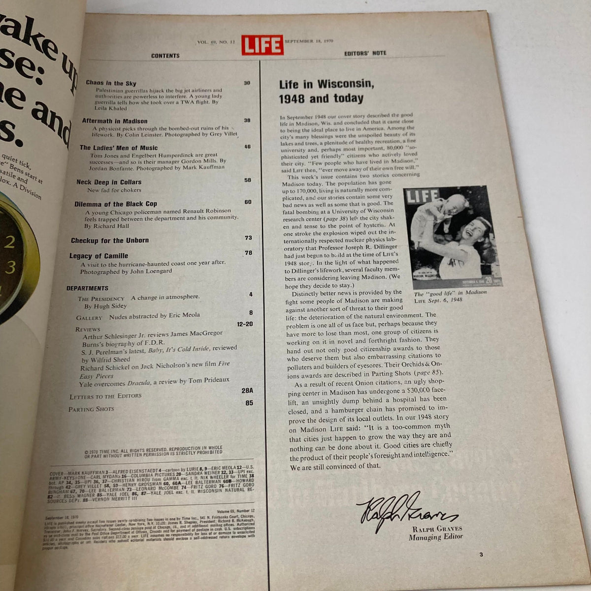 Inside page of VTG Life Magazine September 18, 1970, displaying the contents and editor's note, highlighting articles related to Engelbert Humperdinck and Tom Jones.