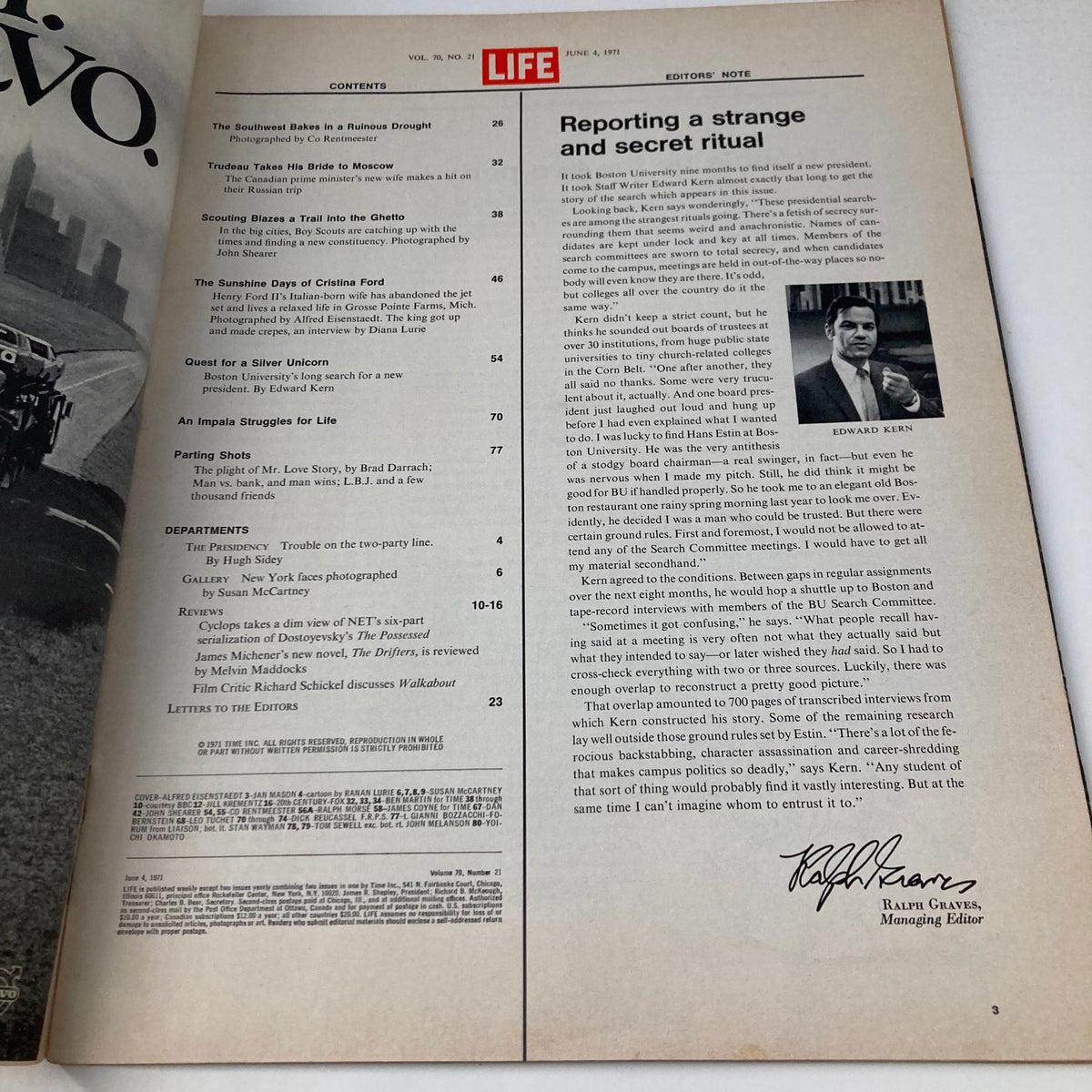 Inside page of VTG Life Magazine June 4, 1971, displaying the table of contents and editor's note. Features the magazine's volume and issue number.