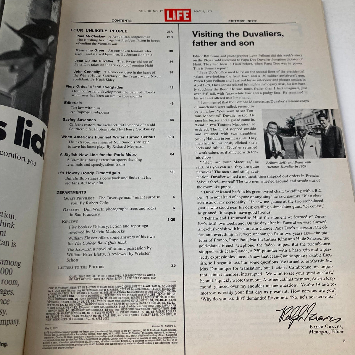 Inside page of VTG Life Magazine May 7 1971 Vol 70 No. 17, displaying the table of contents, including an article featuring Germaine Greer.