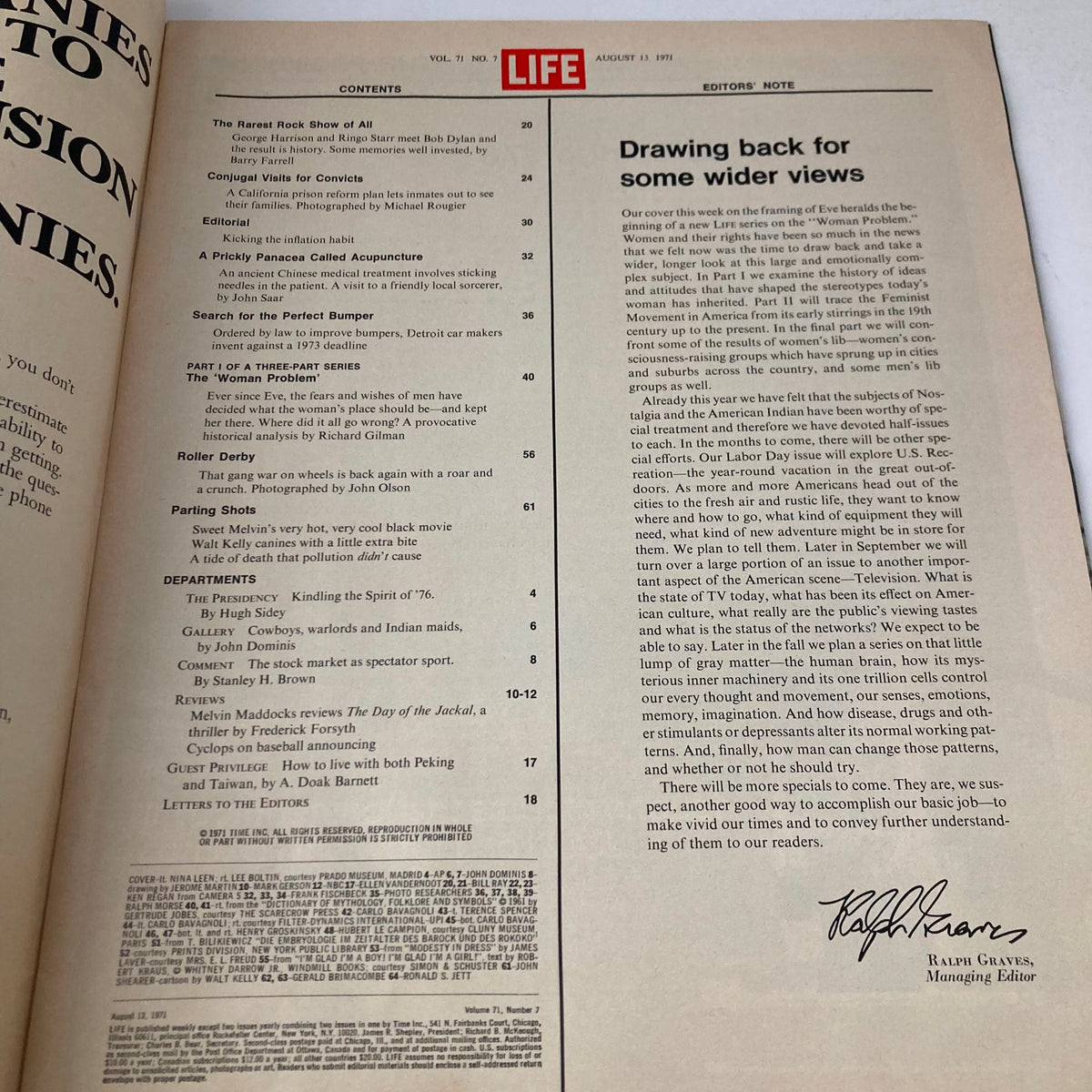Inside page of VTG Life Magazine August 13 1971 Vol 71 No. 7 displaying the table of contents, highlighting various articles including 'The Woman Problem' and other features relevant to women's roles in society.