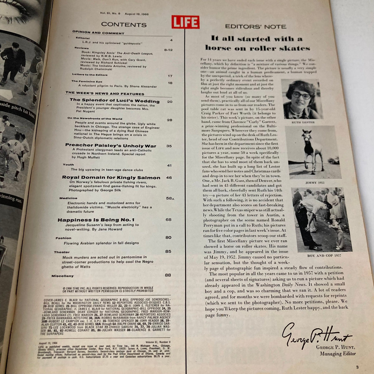 Contents page of VTG Life Magazine August 19, 1966, showcasing articles and features including Luci's Wedding and other highlights from the edition.