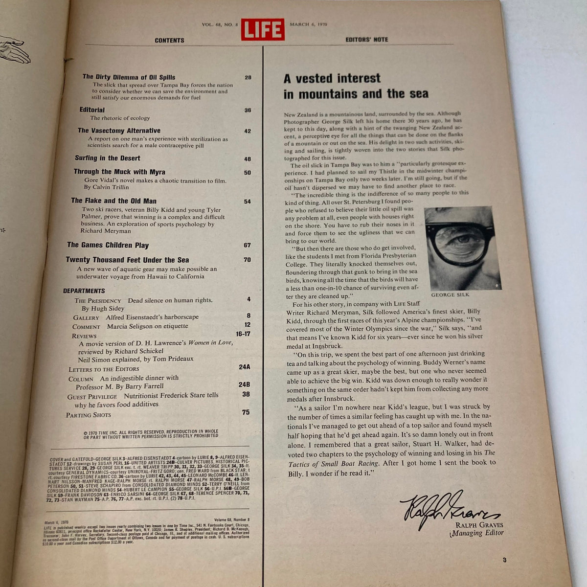 Inside view of the VTG Life Magazine March 6, 1970, Vol 68 No. 8, featuring contents including an article on Billy Kidd, the first American gold medalist in Olympic skiing, along with other editorial notes.
